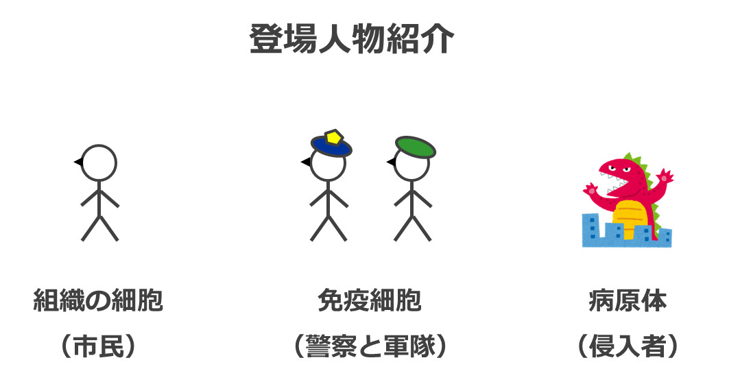 組織の細胞（市民）と免疫細胞（警察と軍隊）と病原体（侵入者）