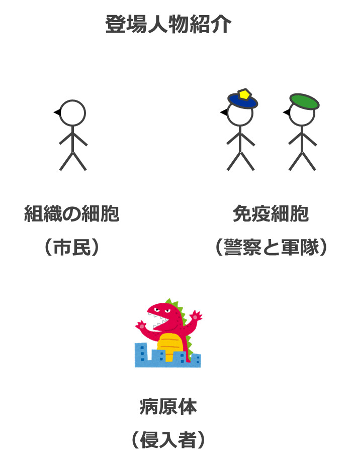 組織の細胞（市民）と免疫細胞（警察と軍隊）と病原体（侵入者）